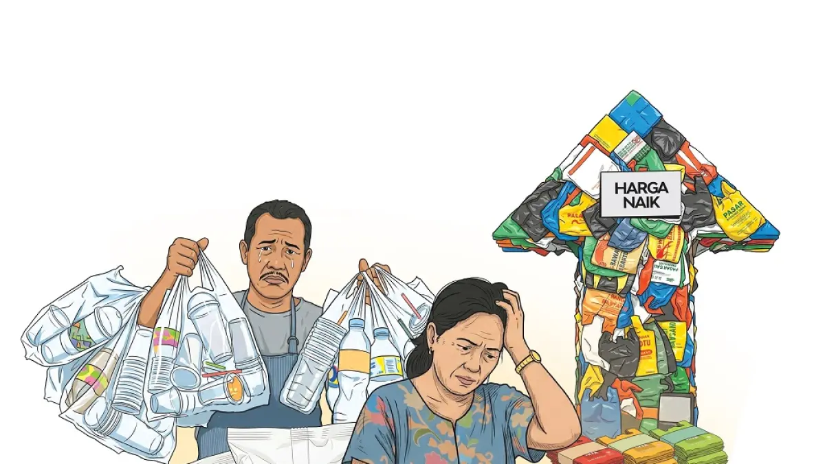 Ilustrasi pelaku usaha yang kebingungan dengan kenaikan harga plastik. (Ilustrator: Afrizal)