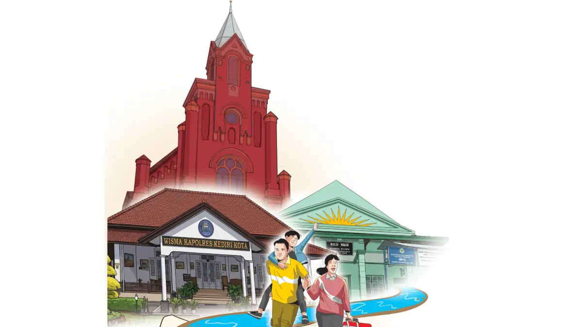 Ilustrasi bangunan bersejarah Kota Kediri yang berada di wilayah barat Sungai Brantas. (Ilustrator: Afrizal)