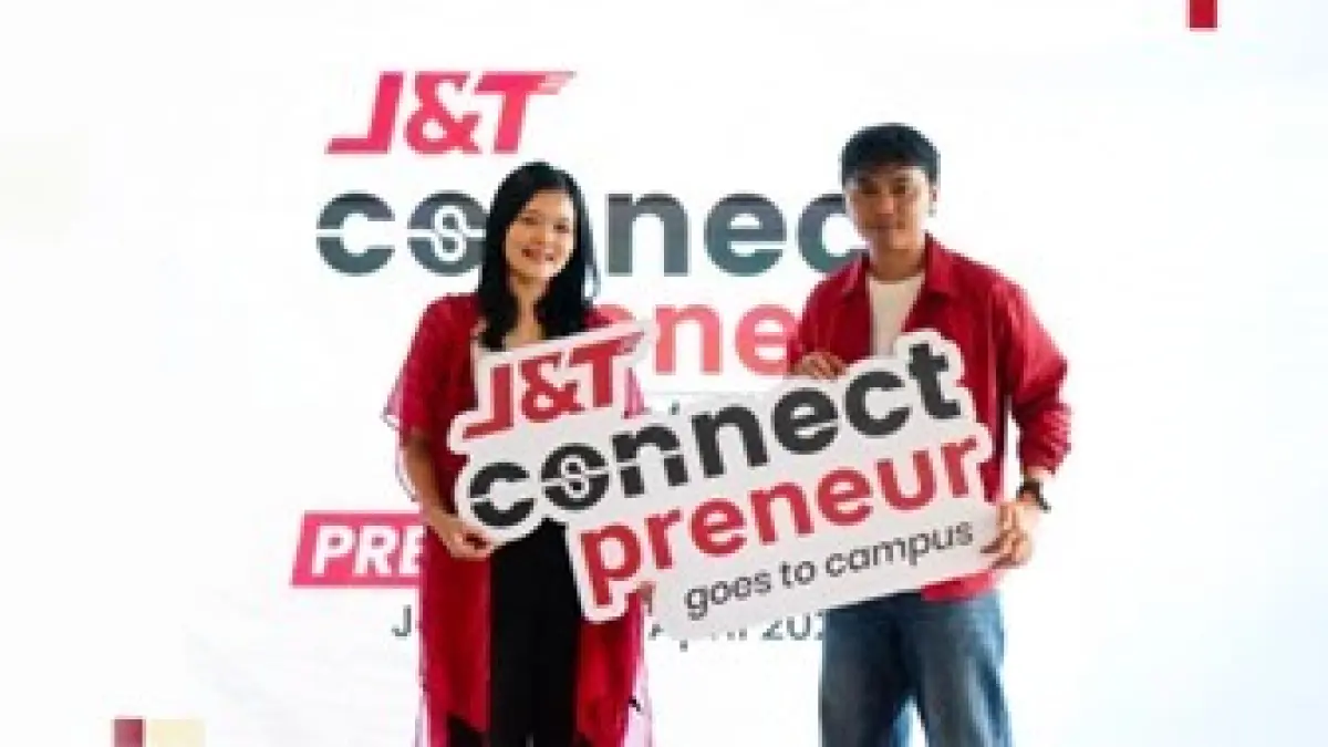 (Ki-Ka) Herline Septia, Brand Manager J&T Express dan Rizky Arief, CEO HMNS Perfume dalam acara Press Launching J&T Connect Preneur Goes to Campus yang diselenggarakan di kawasan Jakarta Selatan pada Selasa, 28 April 2026. (foto: Dok. JnT)