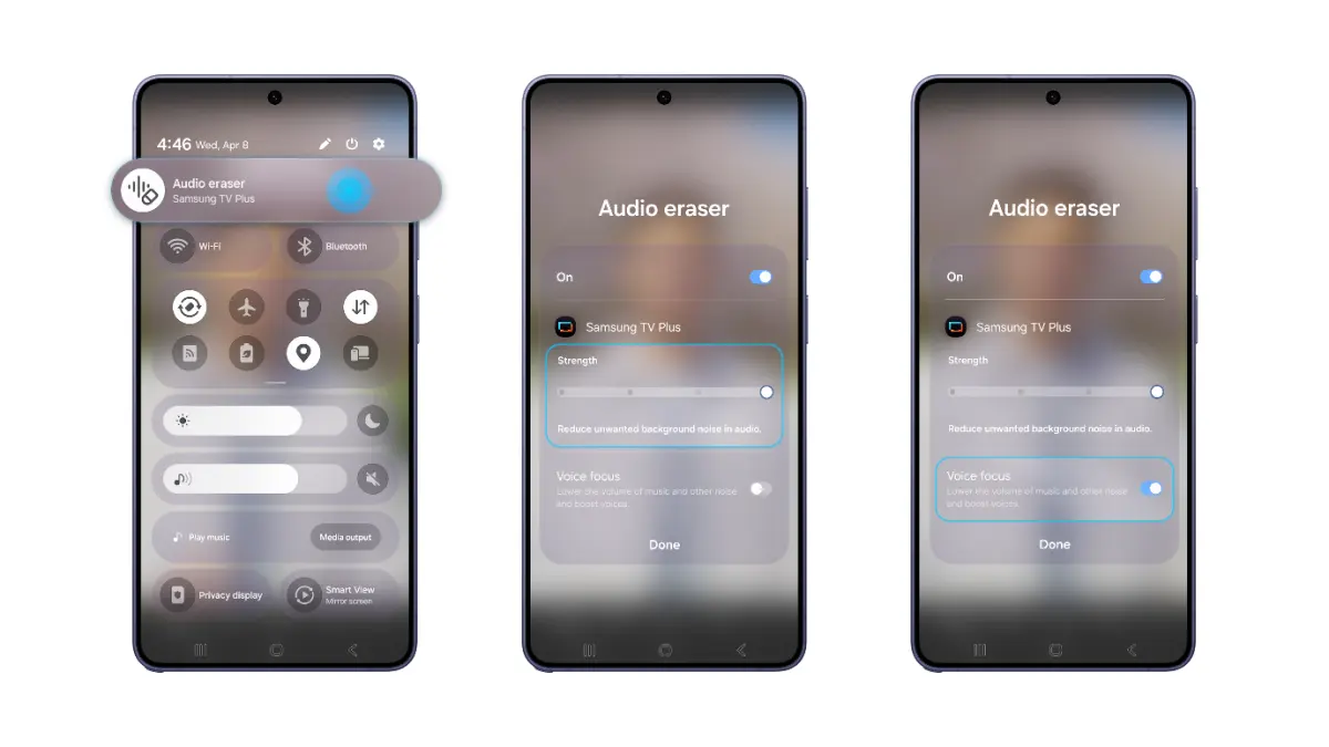 Akses Audio Eraser melalui Quick Panel pada seri Galaxy S26, dengan kontrol untuk mengatur “Strength” dan mengaktifkan “Voice Focus.”. (foto: Dok. Samsung)
