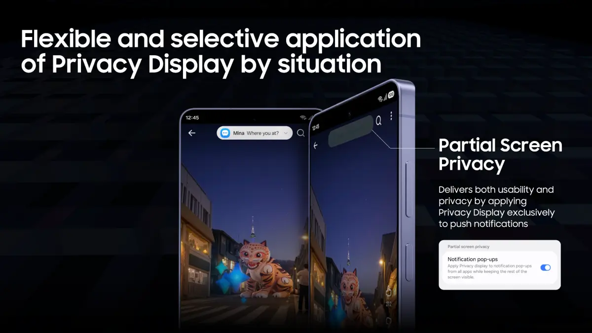 Privacy Display di Galaxy S26 Series adalah fitur privasi layar yang menjaga tampilan lebih terlindungi dari sudut samping saat pengguna mengakses informasi sensitif di ruang publik. (foto:Dok. Samsung)