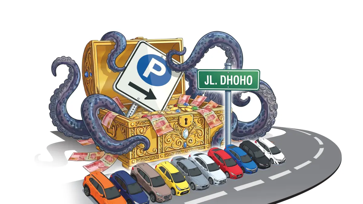 Ilustrasi parkir liar di Jalan Dhoho yang masih marak. Apabila dikelola bisa menambah PAD. (Afrizal Syaiful M/JPRK)