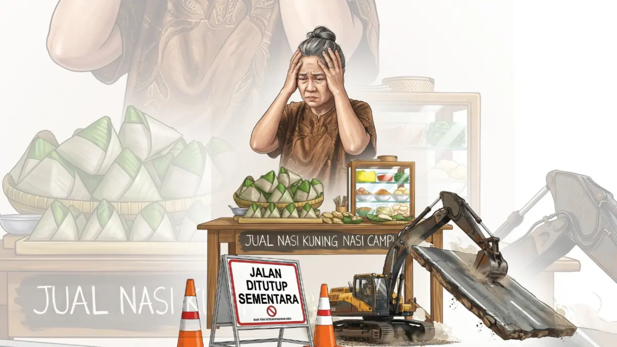 Ilustrasi pedagang yang terimbas perbaikan Jembatan Kaliombo I. (Hilda Nurmala Risani/JPRK)