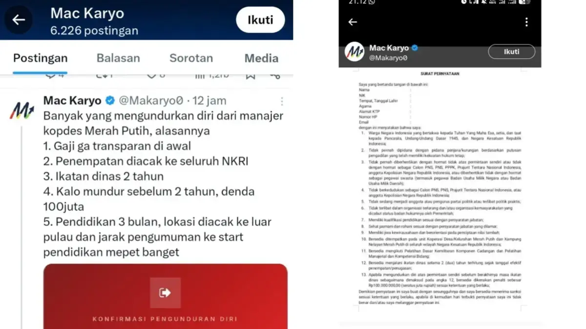 Heboh Surat Pernyataan Manajer Kopdes Merah Putih di Medsos (Foto: akun X @makaryo0)
