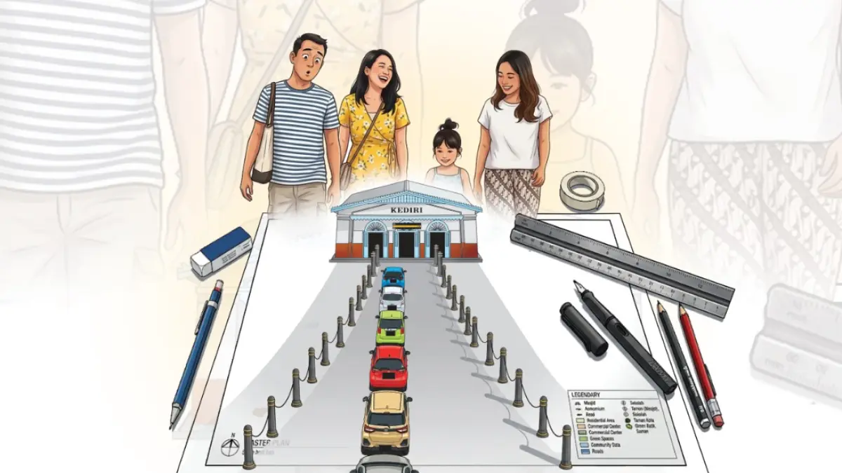 Ilustrasi kawasan Jl Stasiun sebagai penyangga ikon Kota Kediri, Jalan Dhoho. (Ilustrator: Afrizal)
