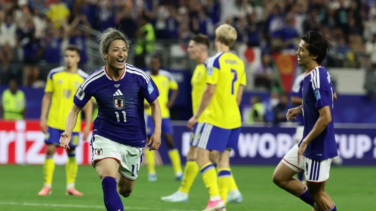 Daizen Maeda merayakan gol dalam pertandingan sepak bola Grup F Piala Dunia 2026 Jepang vs Swedia di Stadion Dallas di Arlington pada 25 Juni 2026. (Foto: Aric Becker / AFP)