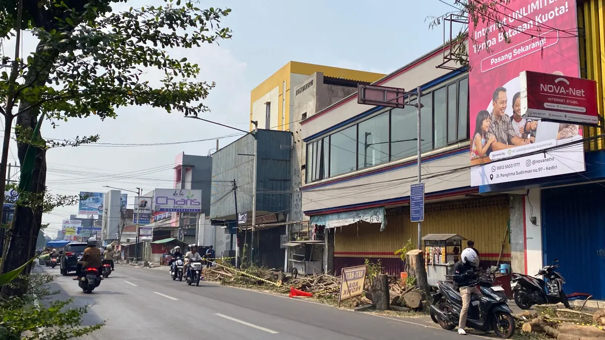 MASA PERBAIKAN: Beberapa pohon di ruas Jl PB Sudirman ditebang jelang pelaksanaan proyek perbaikan drainase. Pemkot juga akan copot sementara PJU selama proyek berjalan. (Hilda Nurmala Risani/JPRK)
