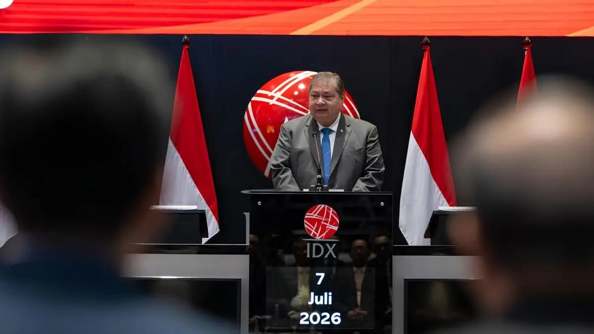 Menko Perekonomian Airlangga Hartarto saat memberikan sambutan/pemaparan di Bursa Efek Indonesia (BEI/IDX), Jakarta, Selasa (7/7/2026).(ANTARA/HO-Kemenko Perekonomian)
