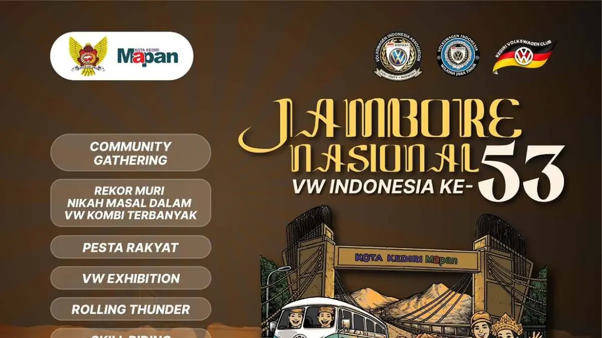 Kediri menjadi tuan rumah Jambore Nasional VW Indonesia ke-53 yang berlangsung 24–26 Juli 2026 dengan berbagai agenda menarik, termasuk pemecahan Rekor MURI nikah massal di dalam VW Kombi. (Instagram/eventbyalexandria)