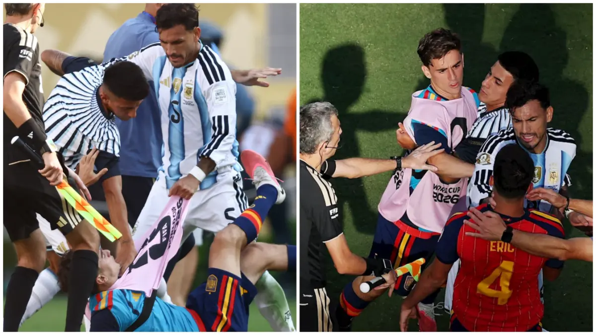 Leandro Paredes menerima kartu merah usai terlibat keributan dengan dua pemain Spanyol, Gavi dan Eric Garcia (foto: x.com)