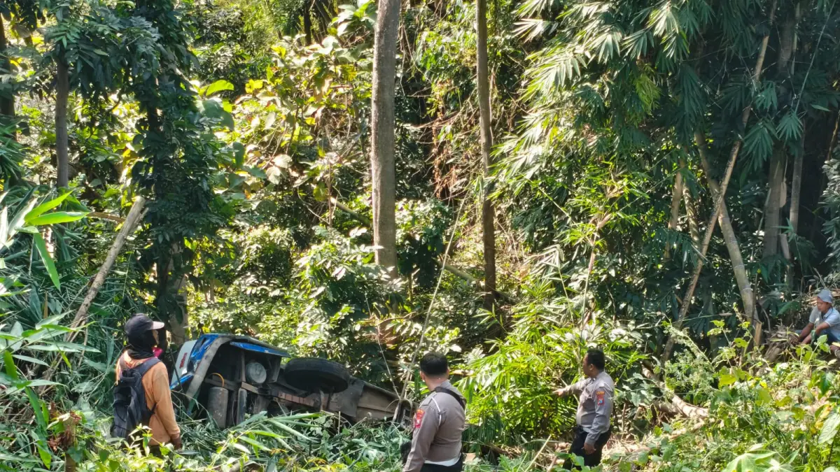 TERJUN BEBAS: Petugas polisi melakukan olah tempat kejadian perkara (TKP) di lokasi bus pengangkut siswa terjun ke jurang di Desa Joho, Kecamatan Semen, Kabupaten Kediri. (Satlantas Polres Kediri Kota for JPRK)