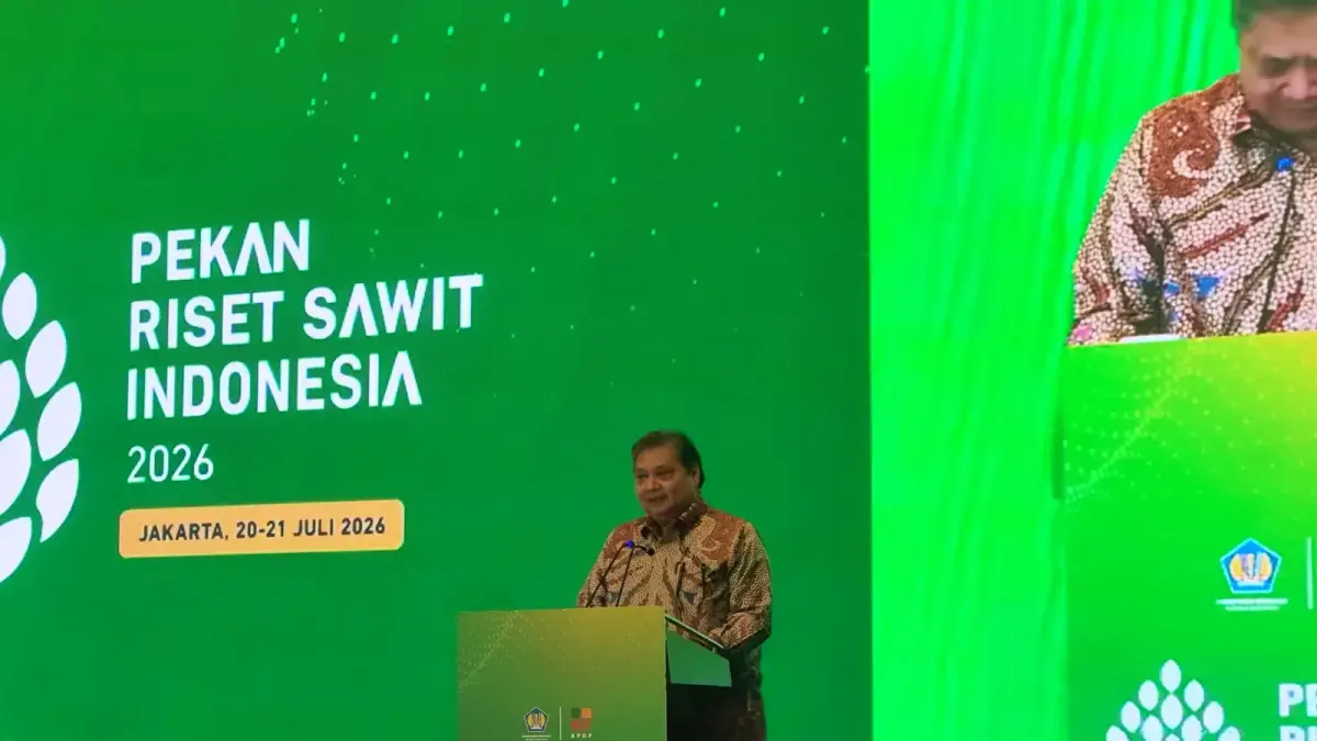 Menteri Koordinator bidang Perekonomian, Airlangga Hartarto, pada penutupan kegiatan Pekan Riset Sawit 2026, di Jakarta, Selasa (21/7). (Djati Waluyo/Jawapos.com).