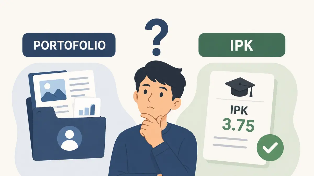Ilustrasi portofolio dan IPK sebagai dua faktor penting dalam proses rekrutmen fresh graduate. (ilustrasi AI)