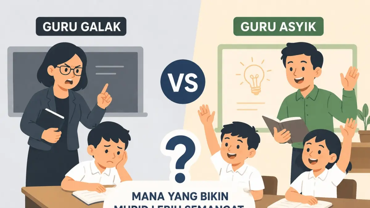 Ilustrasi suasana belajar dengan karakter guru yang berbeda.