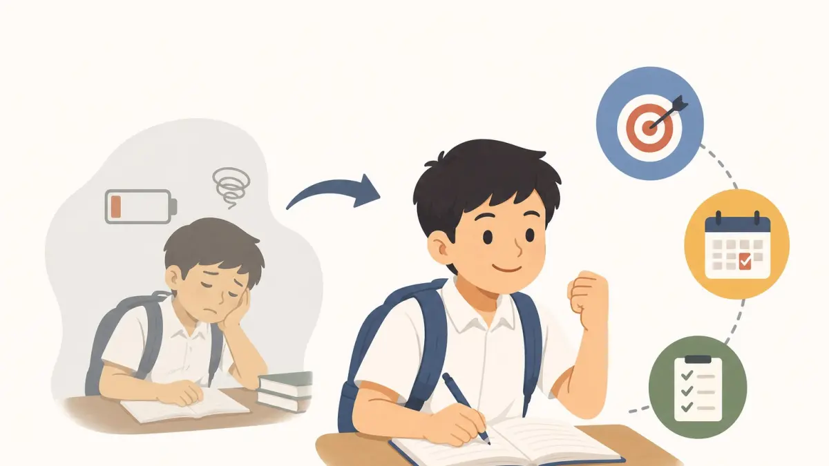 Ilustrasi perubahan dari rasa jenuh menjadi kembali bersemangat dalam belajar.
