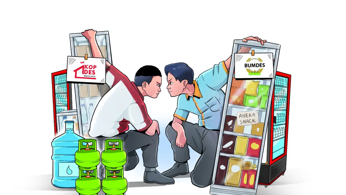 Ilustrasi persaingan bumdes dengan kopdes/ilustrator Afrizal Mahbub
