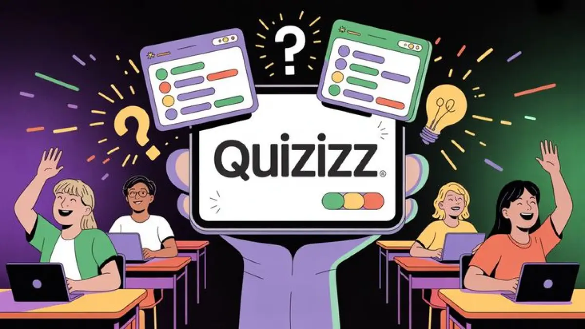 Ilustrasi platform Quizizz sebagai media pembelajaran digital yang menyediakan kuis interaktif untuk mendukung proses belajar