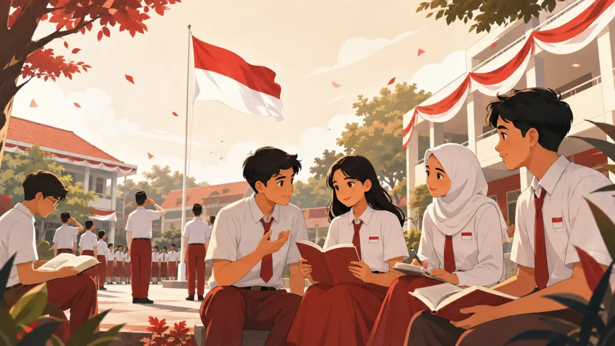 Ilustrasi pelajar Indonesia berdiskusi dan belajar bersama dalam suasana sekolah yang semarak dengan nuansa kemerdekaan.
