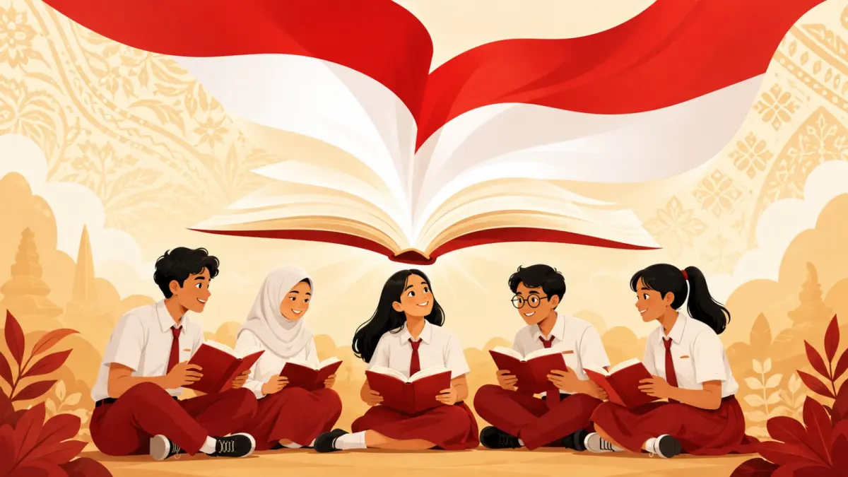 Ilustrasi pelajar yang belajar bersama sebagai gambaran semangat pendidikan, persatuan, dan harapan generasi muda Indonesia.