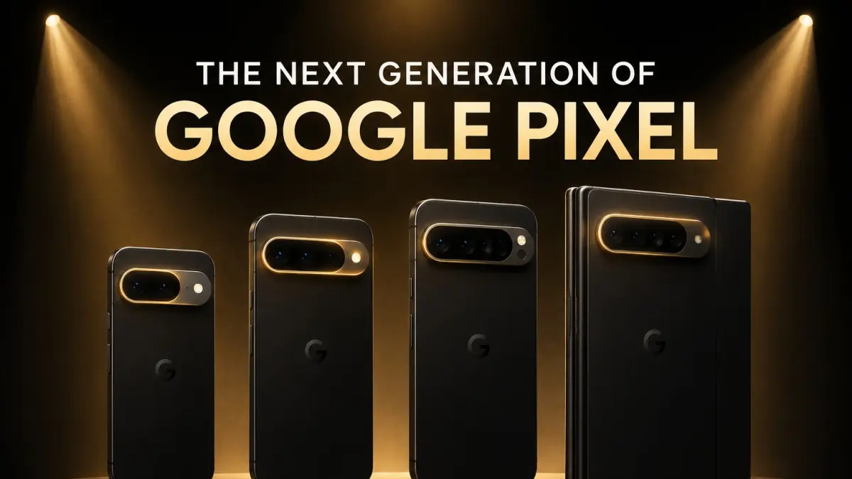 Ilustrasi jajaran Google Pixel dalam konsep peluncuran produk