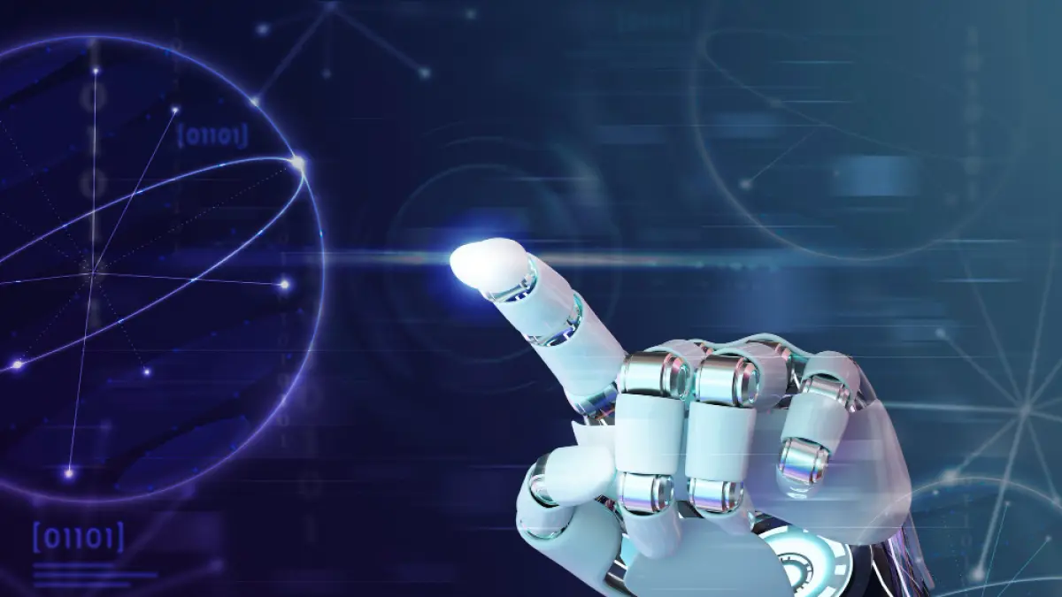 Jari tangan robot, grafik teknologi latar belakang AI (freepik)