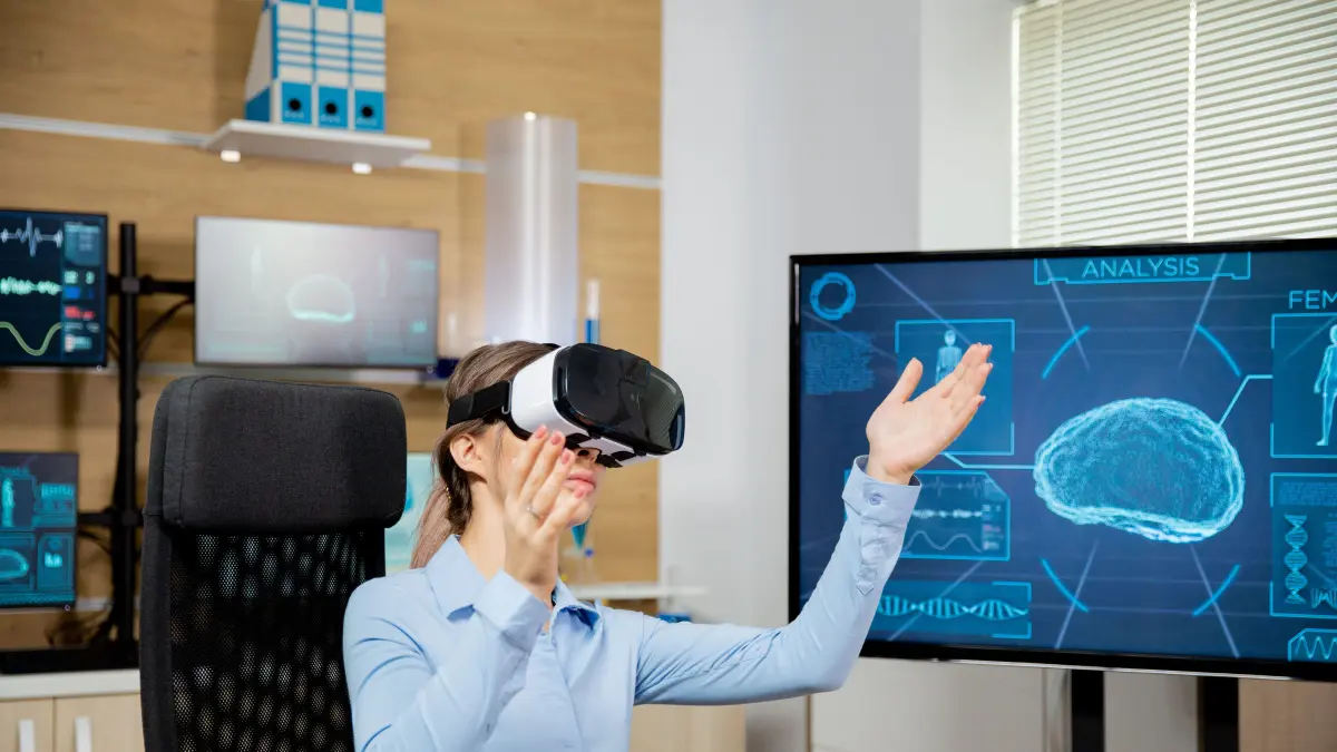 Ilustrasi penggunaan teknologi virtual untuk mendukung simulasi dan kegiatan praktik dalam lingkungan laboratorium digital. (Foto Magnific)