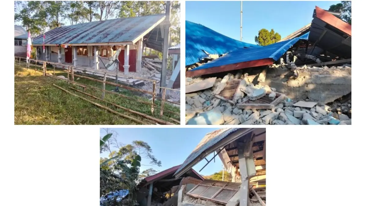 Kondisi bangunan SMPN Satap Wae Nunung, Kecamatan Lamba Leda Timur, yang terdampak gempa Flores. Kerusakan sekolah membuat kegiatan pembelajaran perlu disesuaikan dengan kondisi dan keamanan bangunan. (Sumber: Kemendikdasmen)