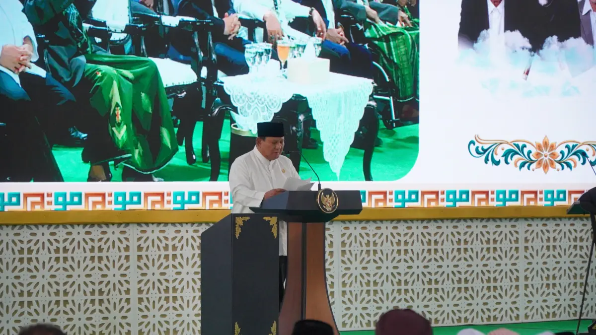 Prabowo memberikan sambutan di Muktamar NU. (ASAD MS)