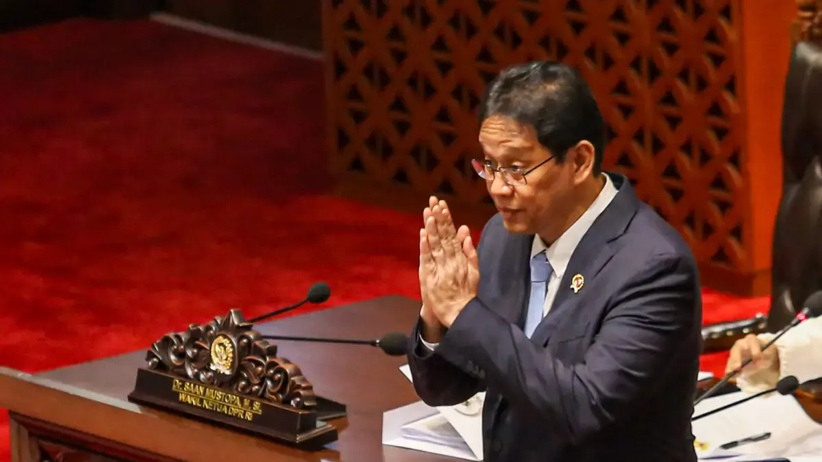 Menteri Keuangan Purbaya Yudhi Sadewa usai menyampaikan tanggapan pemerintah pada Rapat Paripurna ke-3 Masa Persidangan I Tahun Sidang 2026-2027 di Kompleks Parlemen, Senayan, Jakarta, Kamis (27/8/2026). (Salman Toyibi/Jawa Pos)