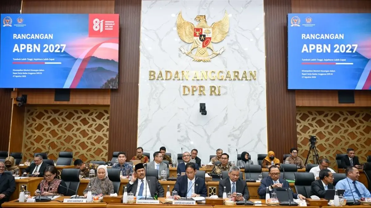 Menteri Keuangan (Menkeu), Purbaya Yudhi Sadewa, menyampaikan pokok-pokok Rancangan Undang-Undang tentang Anggaran Pendapatan dan Belanja Negara (RUU APBN) Tahun Anggaran 2027 dalam Rapat Kerja bersama Badan Anggaran (Banggar) DPR RI pada Kamis (27/8). (Web. Kemenkeu)