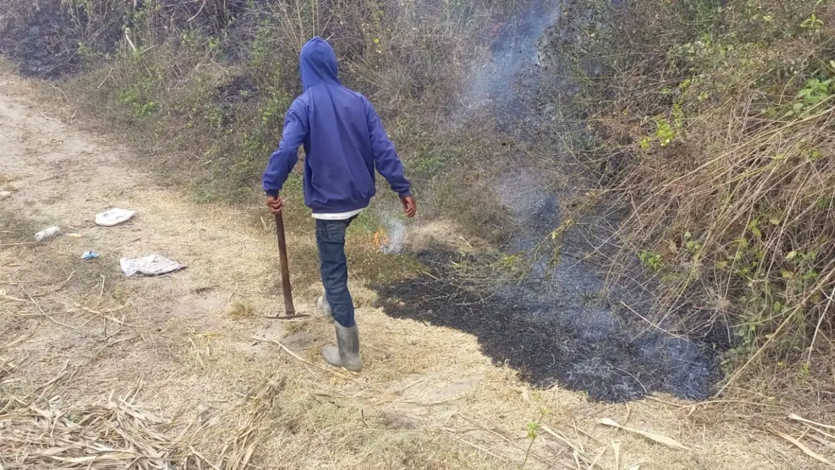 Petugas lakukan pemadaman api di lahan tebu Kecamatan Plosoklaten 