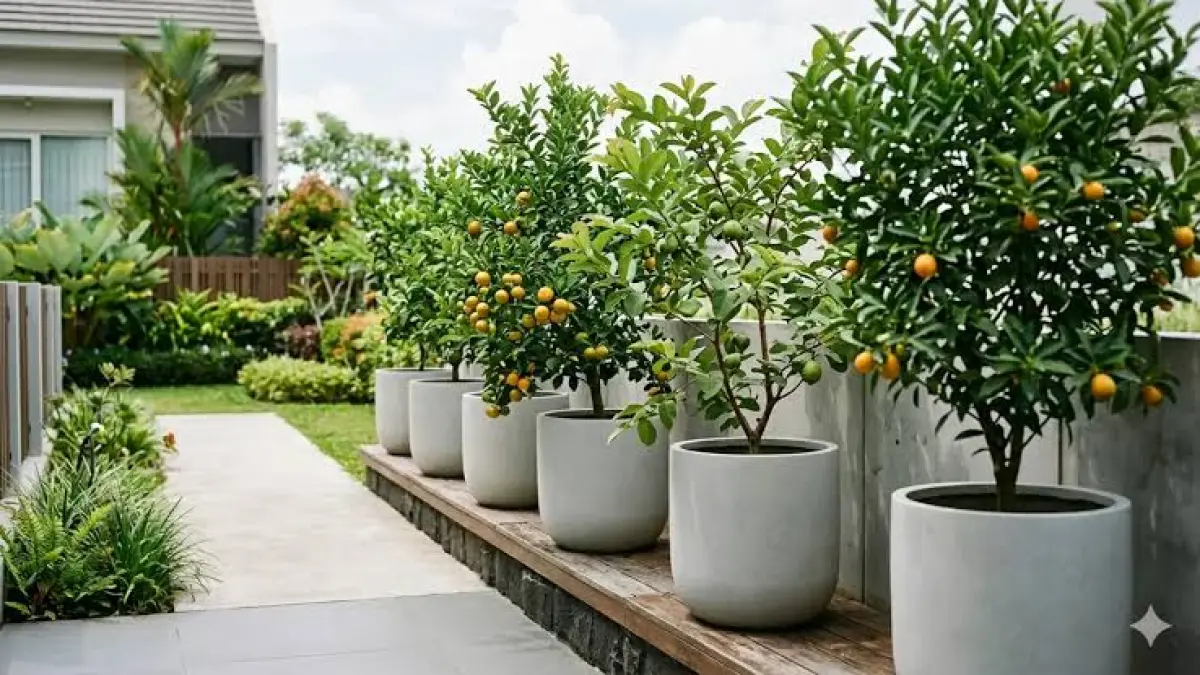taman sempit dengan pohon jeruk di tabulampot 