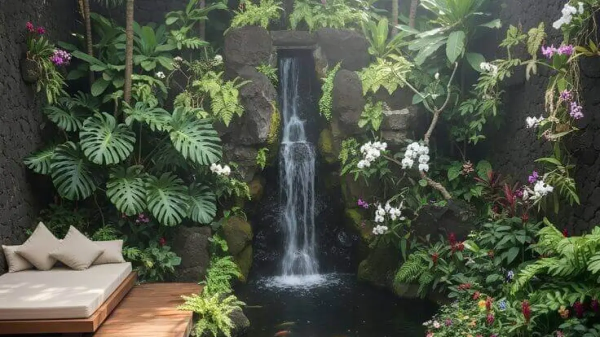 Taman tropis dengan kolam koi