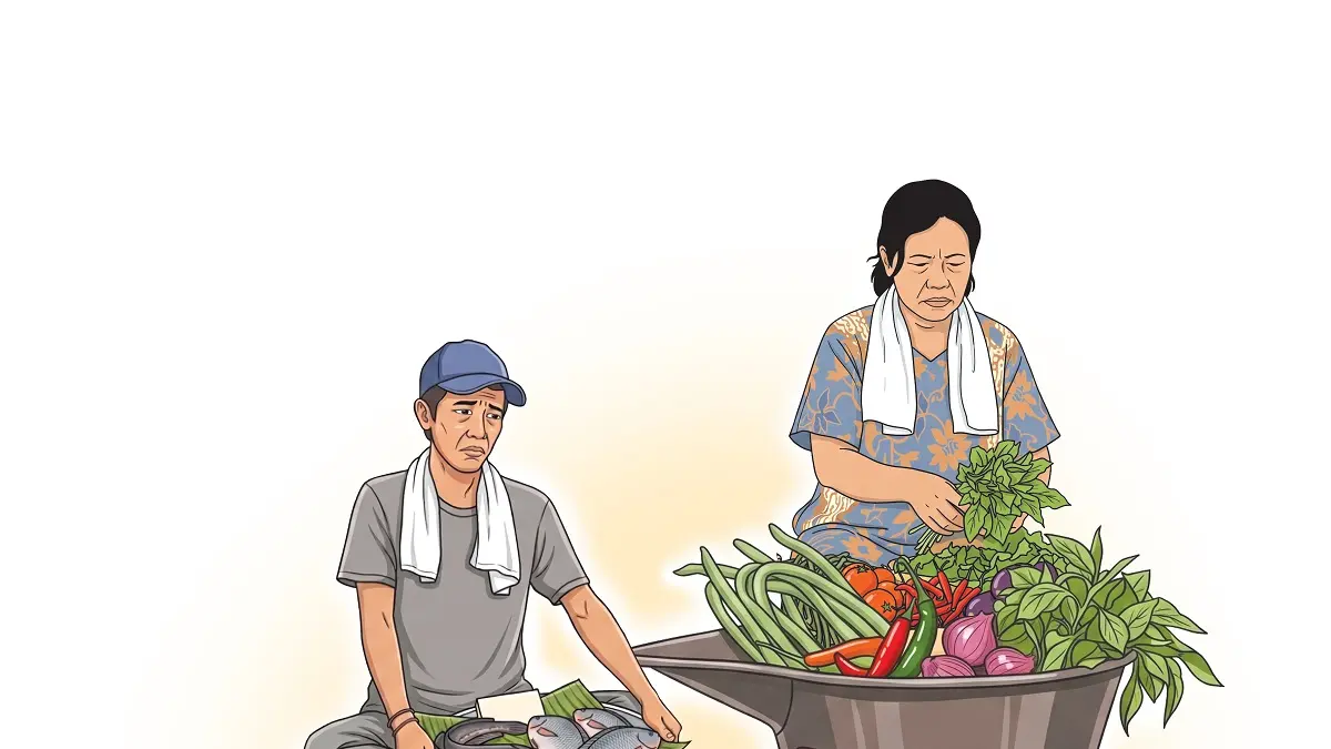 ilustrasi pedagang pasar di Kota Kediri yang merugi karena praktik monopoli kios.