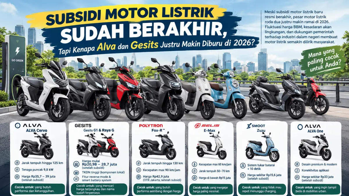 Jajaran motor listrik unggulan di Indonesia tahun 2026 seperti ALVA Cervo, Gesits G1, Polytron Fox-R, hingga pabrikan entry-level seperti Selis dan Smoot. Meski program subsidi umum telah berakhir, efisiensi biaya operasional, kemajuan infrastruktur swap baterai, dan dorongan TKDN menjadikan ekosistem kendaraan roda dua berbasis listrik semakin diminati masyarakat urban.