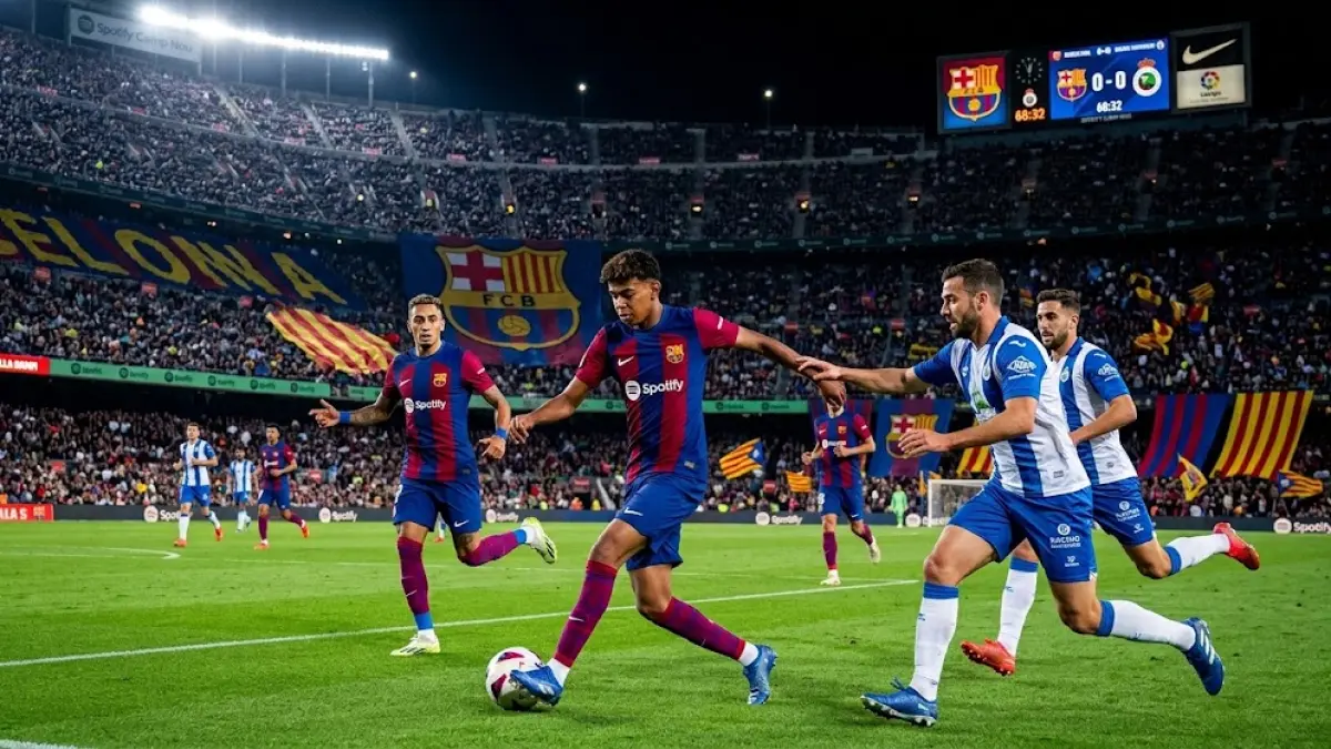 Aksi duel sengit perebutan bola pada laga Barcelona kontra tim promosi Racing Santander.
