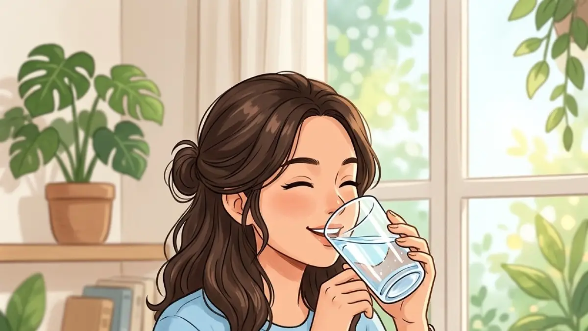 Ilustrasi seorang perempuan rutin mengonsumsi air putih untuk menjaga kesehatan tubuh.