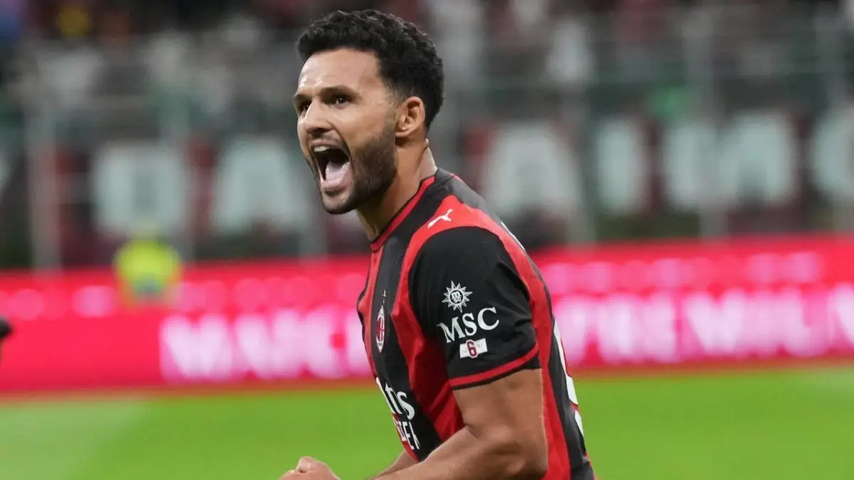 Pemain AC Milan, Goncalo Ramos, merayakan gol pertamanya dalam pertandingan Serie A melawan Venezia, Sabtu (28/8/2026). (c) AP Photo/Luca Bruno