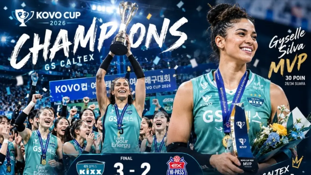GS Caltex Seoul KIXX sukses mengunci gelar juara KOVO Cup 2026 setelah menumbangkan Korea Expressway Hi-Pass dengan skor tipis 3-2 di partai final. Penyerang andalan GS Caltex, Gyselle Silva, tampil luar biasa dengan mencetak 30 poin sekaligus dinobatkan sebagai Most Valuable Player (MVP) turnamen setelah mengantongi 28 dari 34 suara.