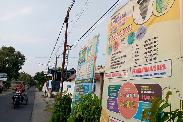 TRANSPARAN: Penggunaan anggaran dana desa di Desa Wonocatur, Kecamatan Ngasem dipajang di tepi jalan yang bisa diketahui oleh publik. (Foto: Rekian)