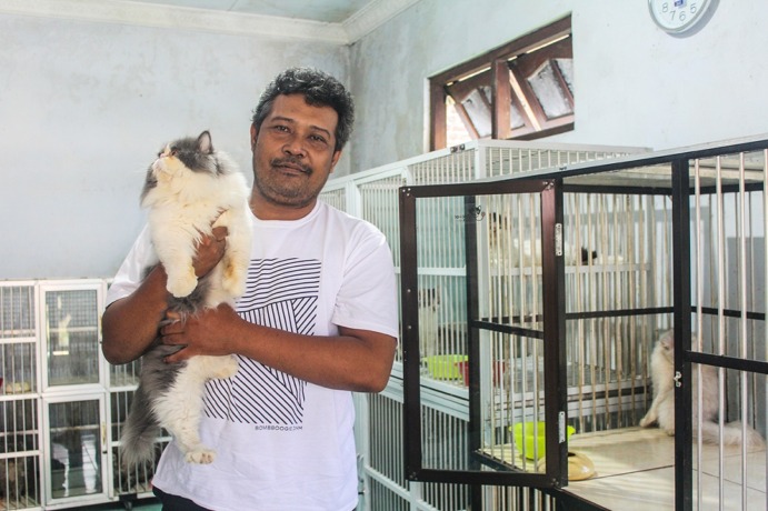 PECINTA BINATANG: Rubianto menunjukkan salah satu peliharaan yang siap dikawinkan dengan kucing yang datang ke rumahnya.  (Foto: Ilmidza Amalia Nadzira)