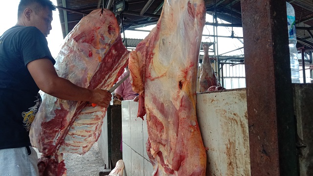 STABIL: Enggar, pedagang daging sapi di Pasar Setonobetek memotong daging sesuai pesanan pembeli. (Foto: Asad M.S)