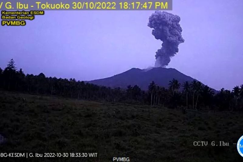 Pusat Vulkanologi dan Mitigasi Bencana Geologi (PVMB) merekam erupsi Gunung Ibu di Maluku Utara, Minggu (30/10/2022).