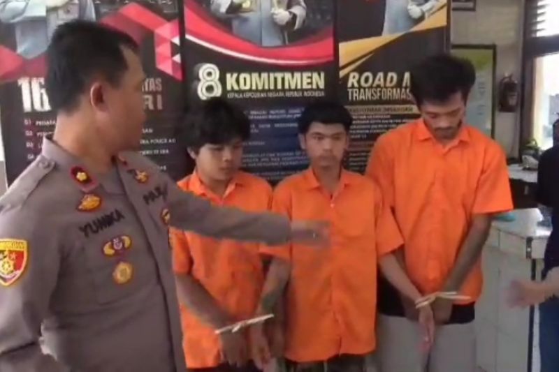 Polisi menunjukkan tiga pelaku pungli sopir angkutan batu bara di Jambi, Jumat (7/7/2023).