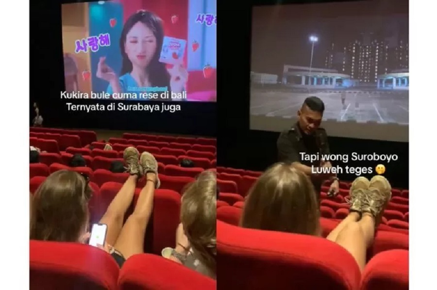 Video bule angkat kaki di bioskop Tunjungan Plaza Surabaya, tentu kebiasaan buruk ini menganggu penonton lain. (TikTok/@charmy1997_)