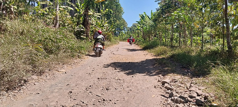 BERDEBU: Jalan desa menuju Perkebunan Widodaren, Desa Badean, Kecamatan Bangsalsari.