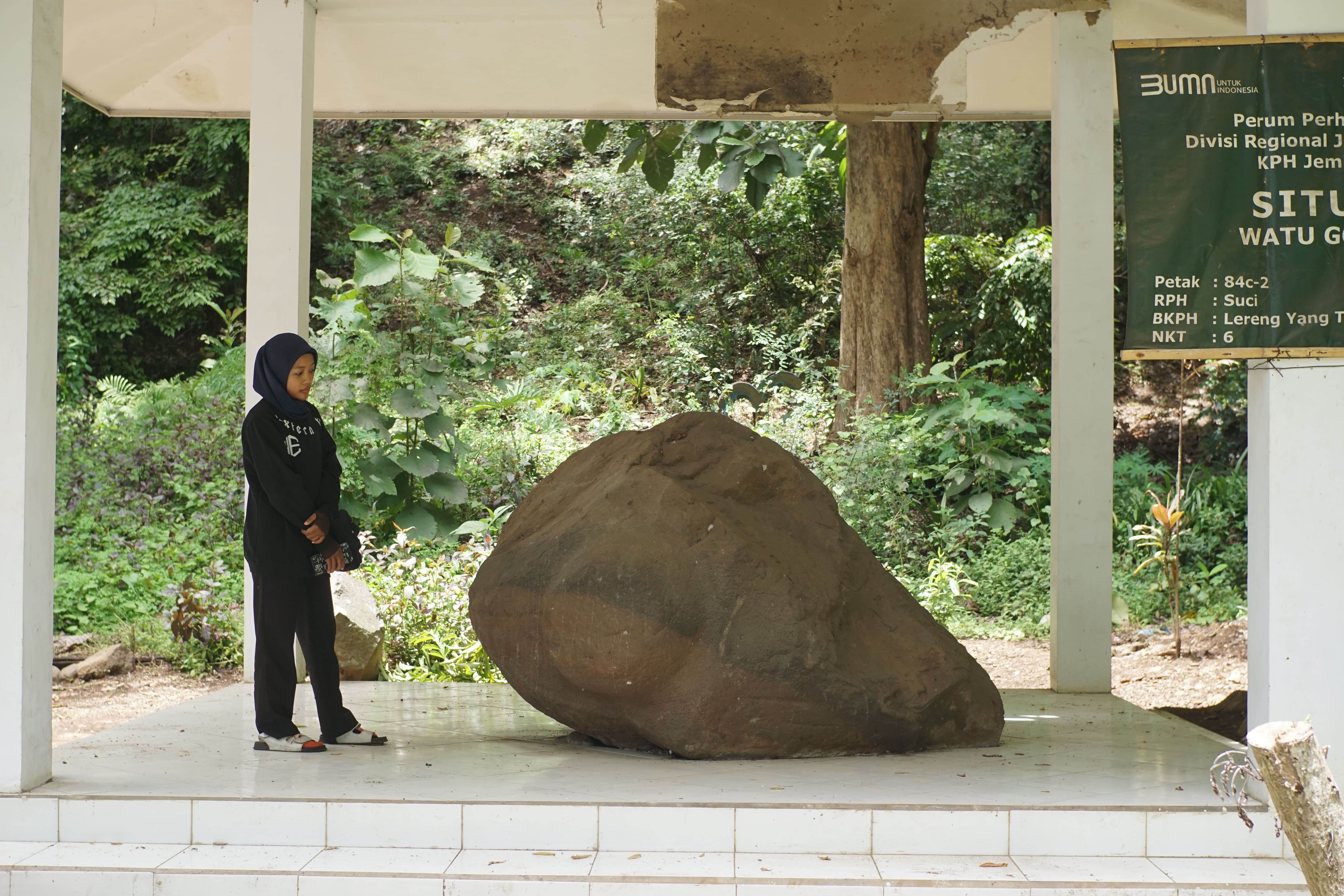 PRASASTI: Mahasiswa Unej mengunjungi objek cagar budaya Watu Gong di Dusun Kaliputih, Desa Rambipuji, Kamis (1/2).(YULIO FARUQ AKHMADI/RADAR JEMBER)