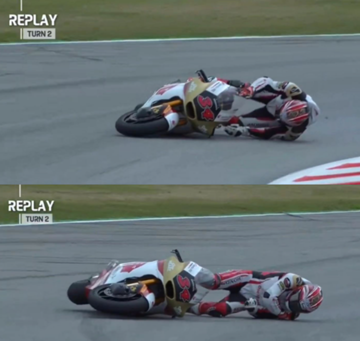 Mario Aji saat mengalami crash (MotoGP.com)