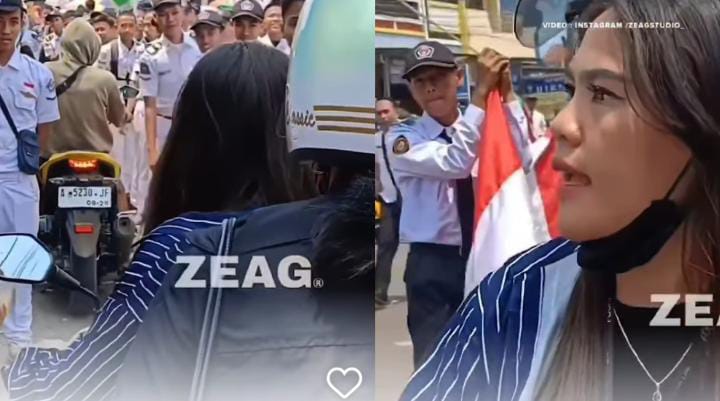 MENEROBOS: Aksi seoang perempuan neka menerobos romobongan perayaan HUT RI, hingga adu mulut.