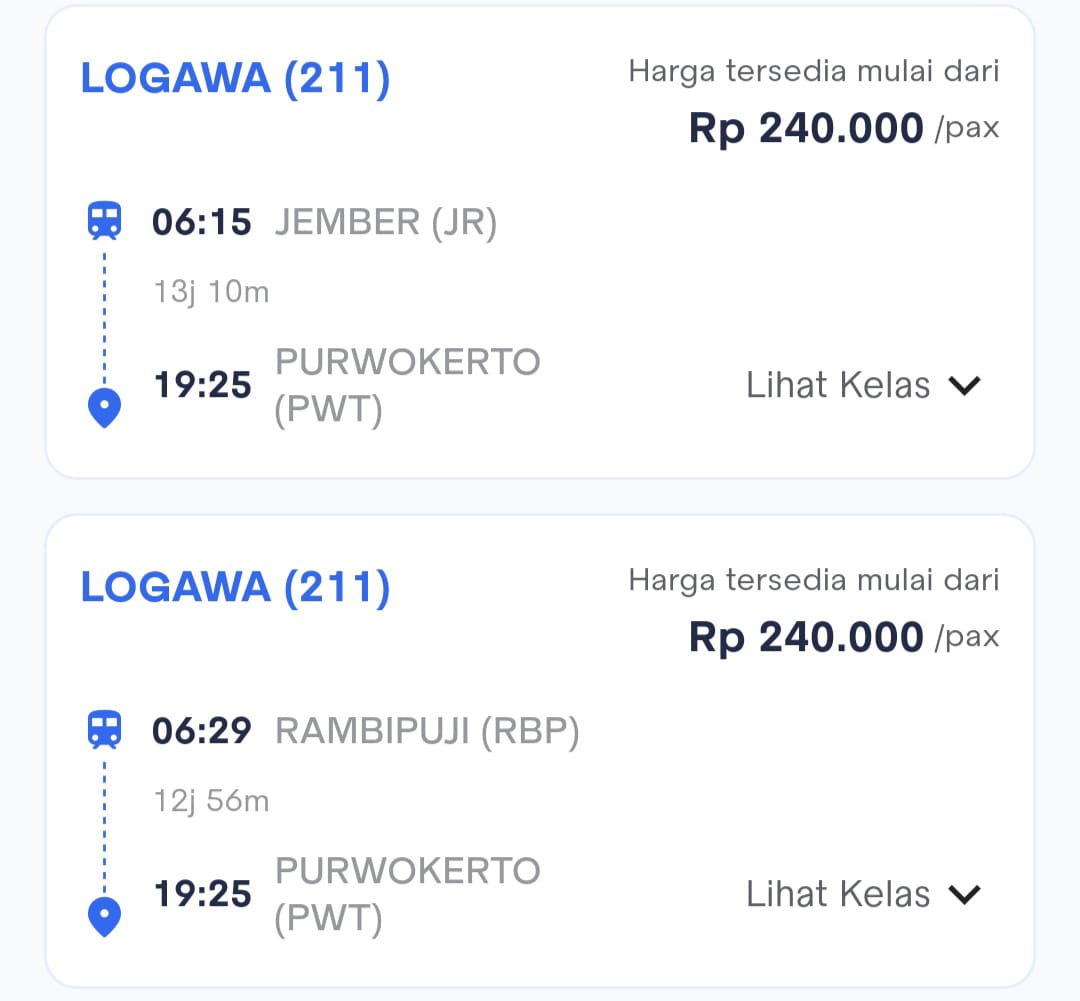 Foto: Harga Tiket KA Logawa setelah bertransformasi menjadi Ekonomi Stainless Steel New Generation (Sumber: KAI Access)